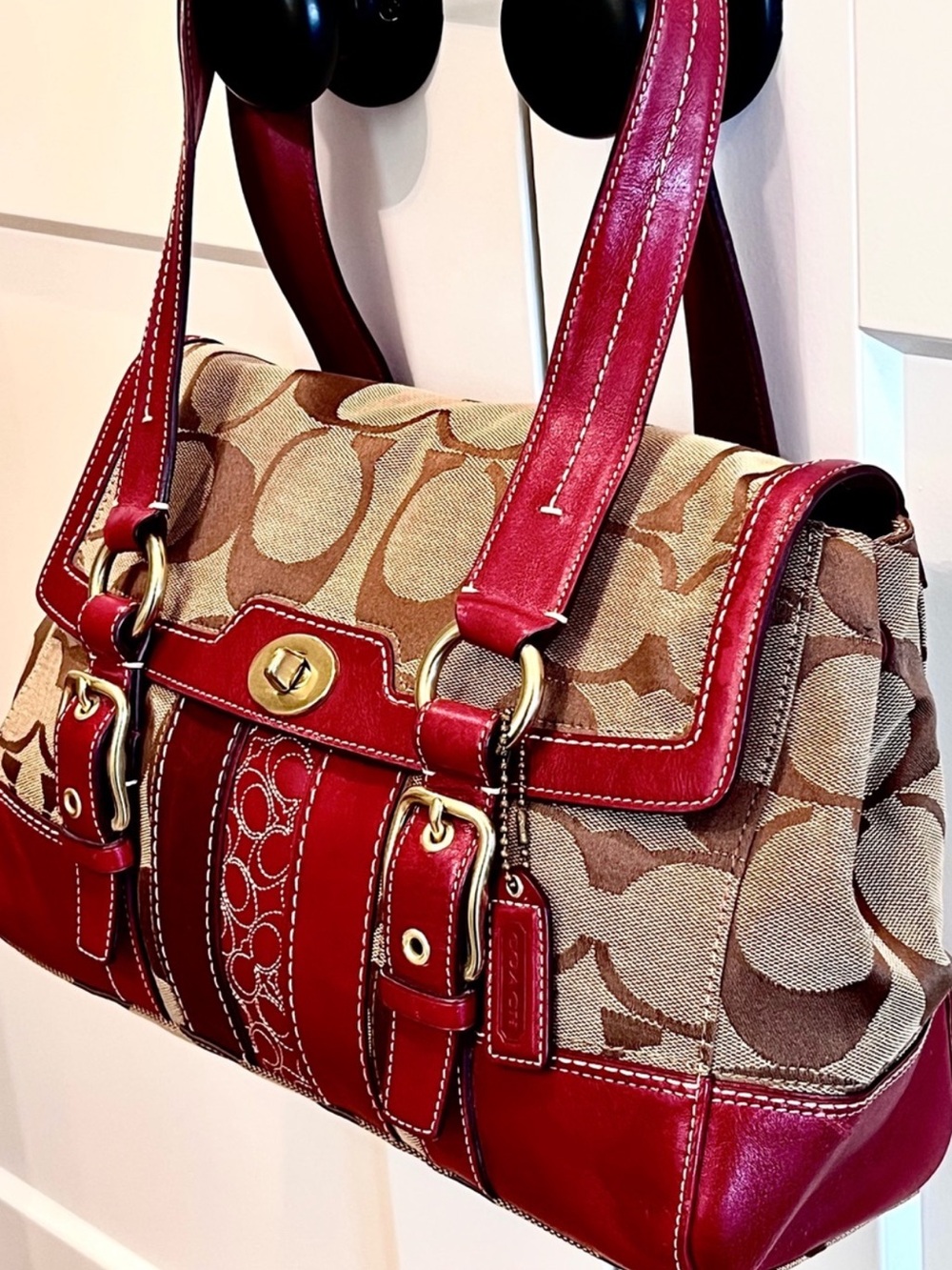 Auth. Rare! Coach Signature Canvas Shoulder Bag with Red Leather Trim